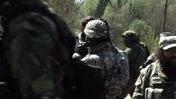 Airsoft team w mundurze wojskowym z bronią na tle lasu. — Wideo stockowe
