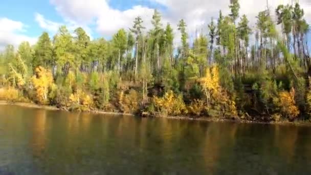 Podzimní krajina řeky Leny v neobydlené tajze Sibiře Rusko. — Stock video