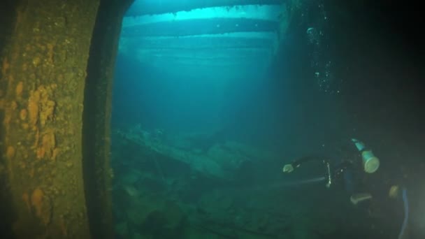 Wreck inside view underwater in Truk Lagoon. — Stock Video