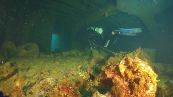 Diver inside hull of sunken ship underwater of Pacific Ocean on Chuuk Islands. — ストック動画