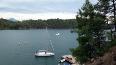 Koydaki rıhtıma doğru yüzen insanlarla dolu beyaz bir yat..