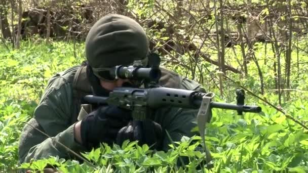 Soldat liegt im Gras und zielt auf Gegenstand unter Baum. — Stockvideo