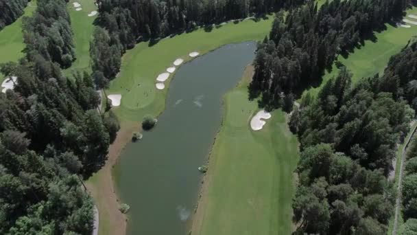 Повітряний пейзажний політ над полем для гольфу — стокове відео
