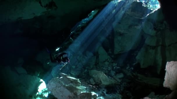 멕시코의 유카탄 주의 수중 동굴 속의 잠수부들. — 비디오
