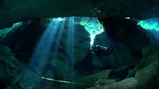 Buceadores en cueva de cenotes submarinos de Yucatán México. — Vídeo de stock