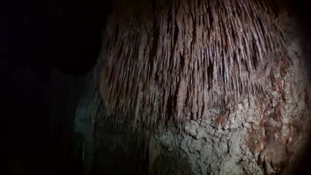 Los carámbanos de piedra de estalactita cuelgan del techo de la cueva en cenotes submarinos de México . — Vídeo de stock