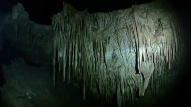 Stalactiet stenige ijspegels hangen van het plafond van de grot in onderwater Mexico cenotes. — Stockvideo