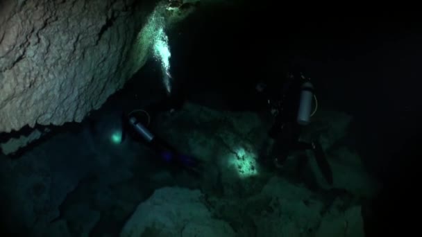 Buceadores en cueva en aguas subterráneas de cenotes submarinos de Yucatán México . — Vídeos de Stock