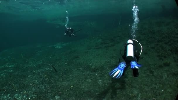 Buceador bajo carámbanos de piedra de estalactita en cueva en cenotes submarinos de México . — Vídeos de Stock