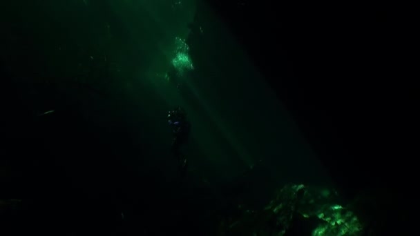Taucher in Höhle von Unterwasser Yucatan Mexiko Cenoten. — Stockvideo