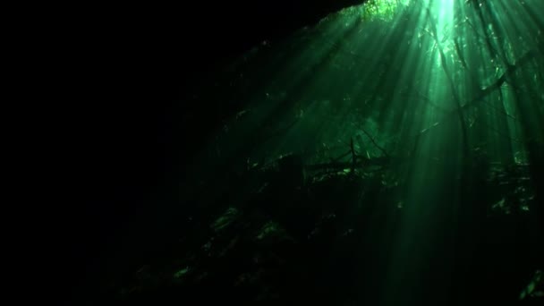 Rayos de sol bajo el agua en cueva subterránea . — Vídeo de stock