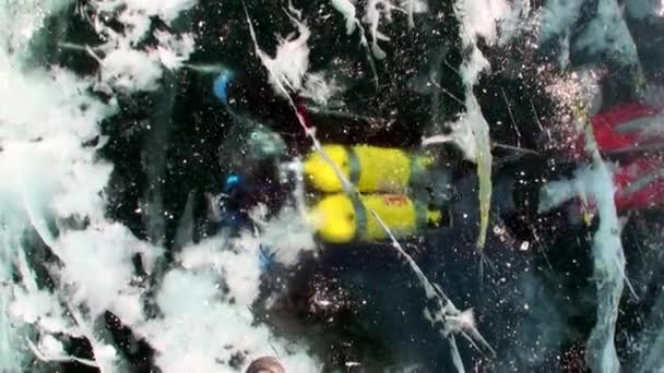 バイカル湖の水中凍結氷穴の下の技術ダイバー. — ストック動画