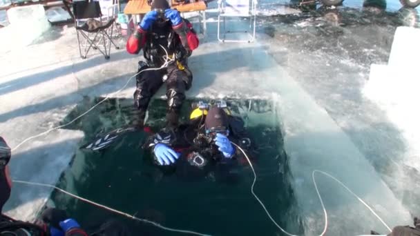 Водолазы погружаются под воду в ледяную яму озера Байкал. — стоковое видео