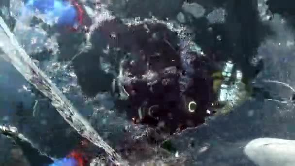 Δύτης υποβρύχιος σε παγωμένη τρύπα της λίμνης Baikal. — Αρχείο Βίντεο