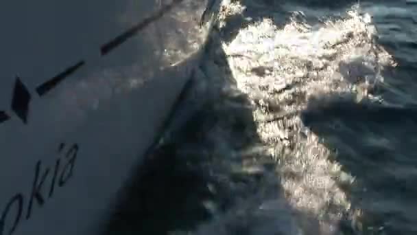 Board of white moving yacht snijdt golven van het wateroppervlak. — Stockvideo