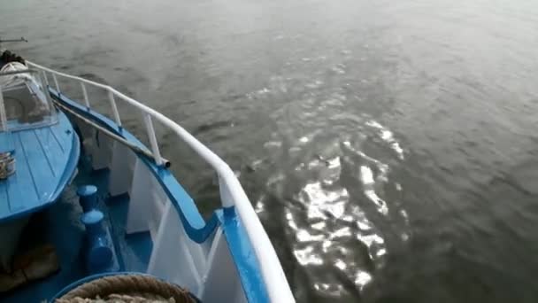 Golven op het wateroppervlak op de achtergrond van donkere lucht en grijze wolken bij zonsondergang. — Stockvideo