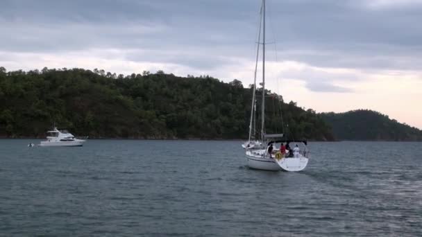 Yachts blancs avec des gens nager dans la baie. — Video