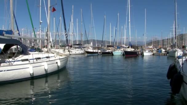 People on yacht in harbor of pleasure boats and craft. — Stock Video