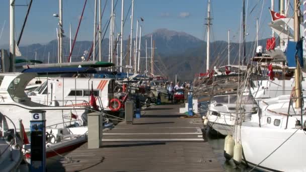 Personas en puerto de embarcaciones de recreo, embarcaciones y yates. — Vídeos de Stock