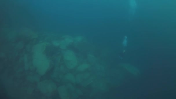 Silhouette eines Tauchers unter Wasser im Baikalsee. — Stockvideo