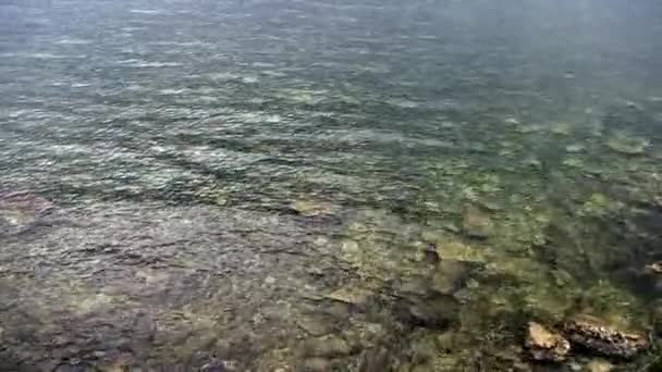 Stenen bodem onder helder transparant water van het Baikalmeer. — Stockvideo