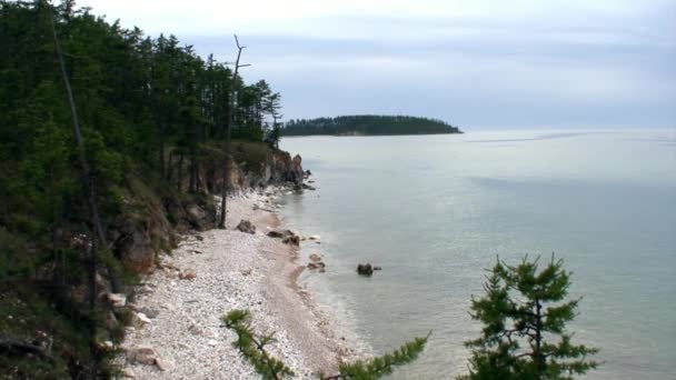 Alberi verdi sulla costa rocciosa del lago Baikal . — Video Stock