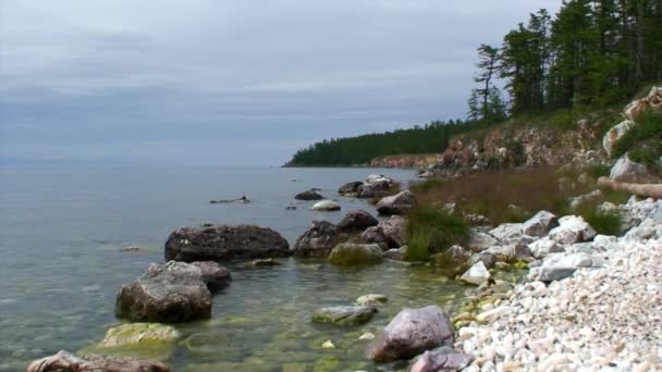 Natuurlijk landschap op de achtergrond van groene bomen op rotsachtige kust van het meer Baikal. — Stockvideo