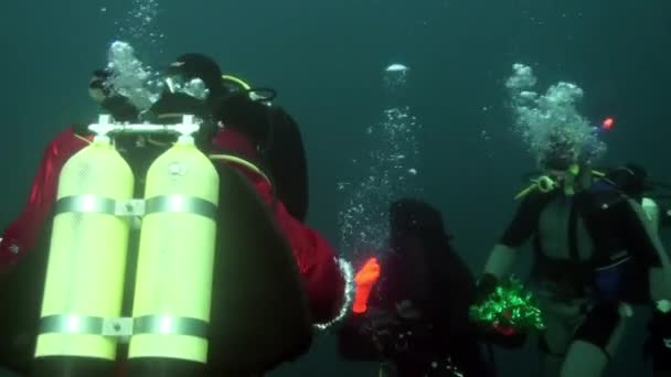 Holiday and scuba diving in New Year near underwater Christmas tree. — Stock Video