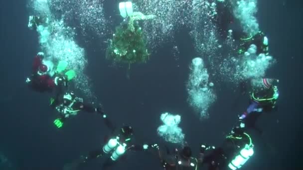 Buceadores baile redondo en Año Nuevo alrededor del árbol de Navidad bajo el agua. — Vídeos de Stock