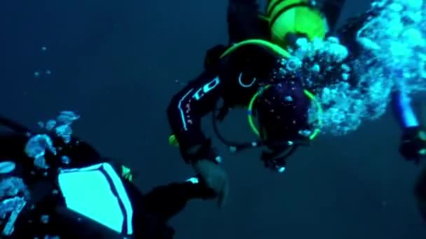 Buceadores baile redondo en Año Nuevo alrededor del árbol de Navidad bajo el agua. — Vídeos de Stock