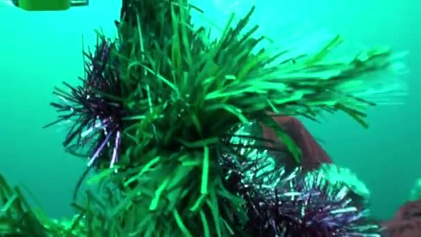 Underwater Santa Claus diver dresses up a Christmas tree in New Year. — Stock Video