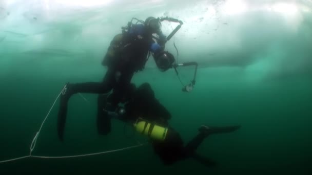 Duiker met onderwater cameraman onder ijs in koud water van het Baikalmeer. — Stockvideo