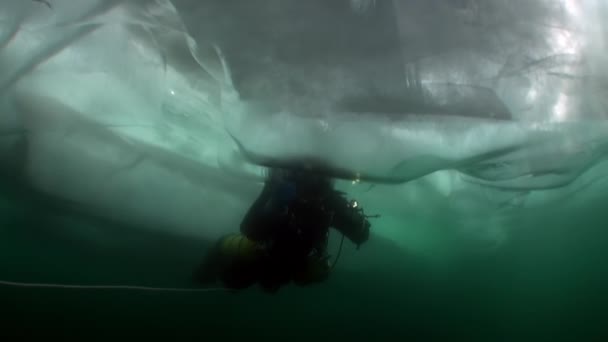 Taucher unter Eis im kalten Wasser des Baikalsees. — Stockvideo
