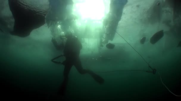 Tauchen unter dem Eis des Kameramanns Unterwassertaucher im kalten Wasser des Baikalsees. — Stockvideo