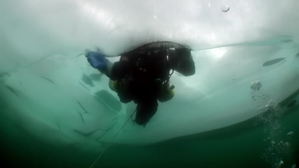 Scufundări extreme sub gheață sub apa lacului Baikal . — Videoclip de stoc