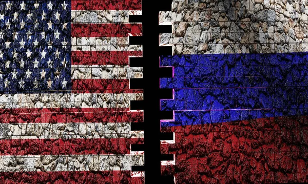Noi vs. Russia muro di mattoni con bandiera nel rendering 3D — Foto Stock
