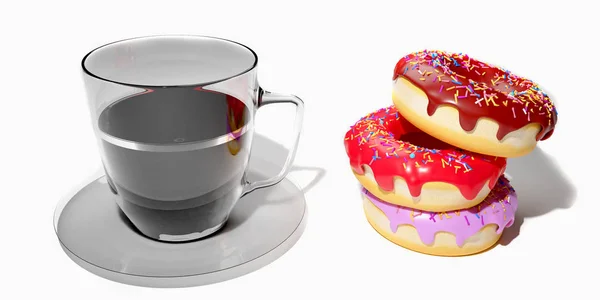 美国人最喜欢的咖啡和甜甜圈3D渲染是用白色的 — 图库照片