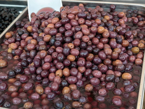 Natural Black Olives inside Metallic Bowl — Stock Photo, Image