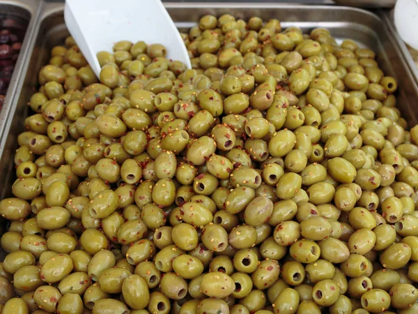 Natural Green Olives inside Metallic Bowl — Stock Photo, Image