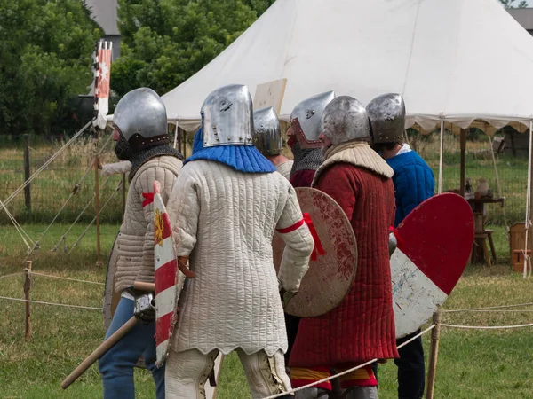 Grupo de Caballeros con Cascos y Escudos de Plata listos para la Batalla —  Fotos de Stock