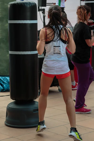 Young Girl with Shorts and White Tank Top: Fitness Boxing Workou — Stock Photo, Image