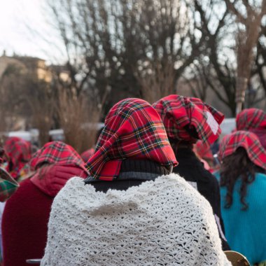 Kadın kırmızı İskoç atkı ve kamu Shawles grubu 