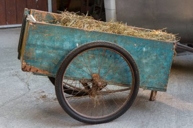 Mavi ahşap tekerlekli Cart saman dolu