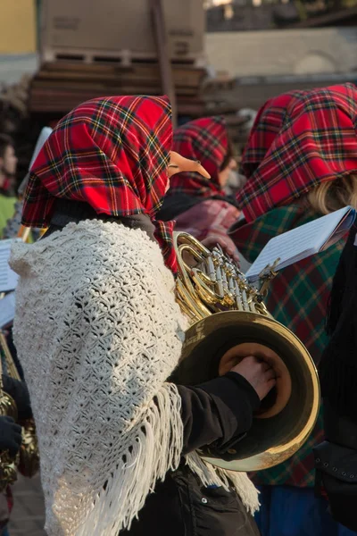 红红的苏格兰头巾、 披肩和假鼻子与金 Br 的女人 — 图库照片