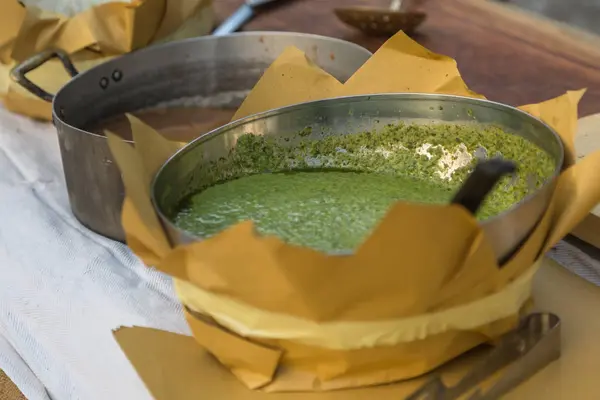 Italian Pesto Sauce inside Metallic Bowl with Spoon — Stock Photo, Image