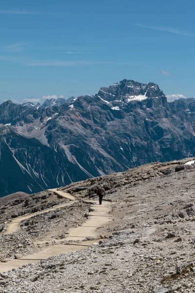Mann med hattevandring i steinstien blant ufruktbare fjell i italienske dolomittiske alper om sommeren – stockfoto