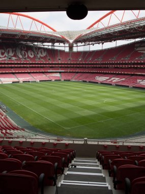 Görünüm Da Luz Stadı: kırmızı boş oturma ve futbol Pitch - Lizbon, Portekiz yeşil