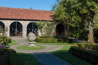 Güzel avlu ve bahçe çiçekleri, bir ağaç ve bir ev ile