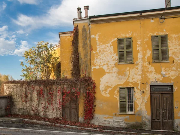 Parma, Itálie-březen 2017: fasáda starověkého žlutého domu v Parmě s červenou vegetací, Itálie — Stock fotografie