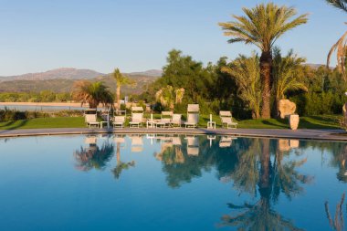 Açık Yüzme Havuzu, Palmiye Ağaçları ve Beyaz Plaj Salonları.